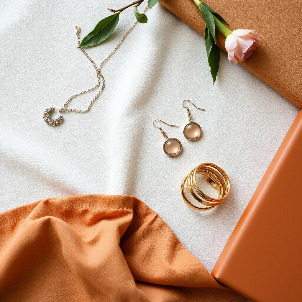 Necklace, earrings, and bracelets neatly styled on a neutral background for different occasions