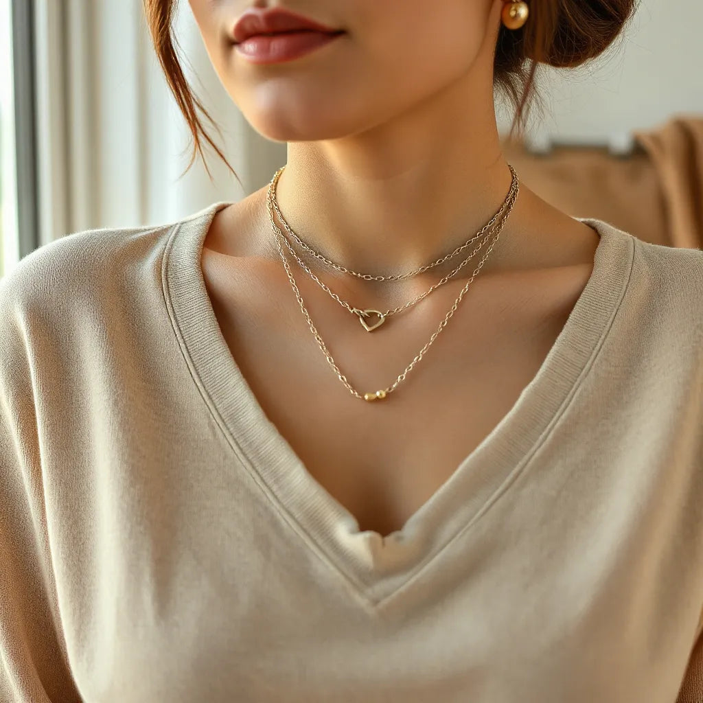 Layered everyday necklaces resting on a neutral top in soft window light