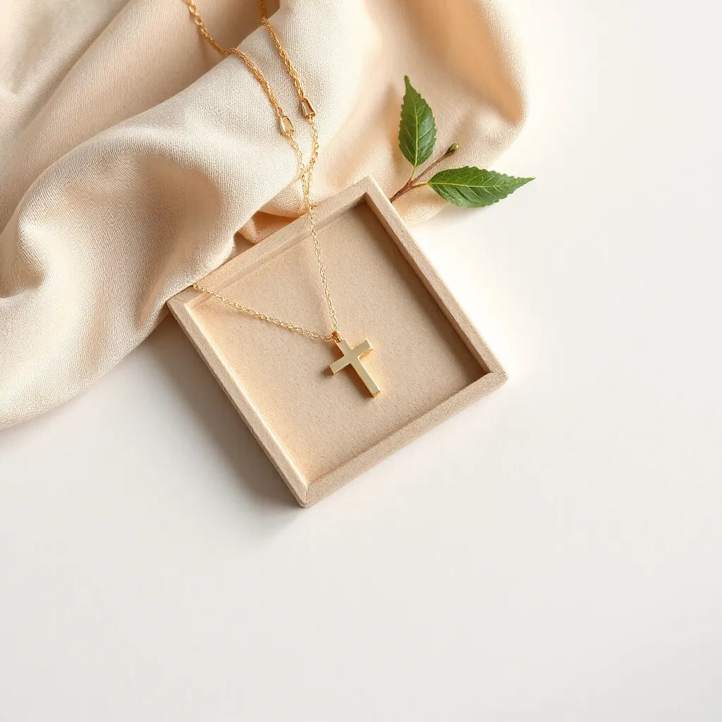 Delicate cross pendant necklace with fine chain on a neutral background with soft fabric accents