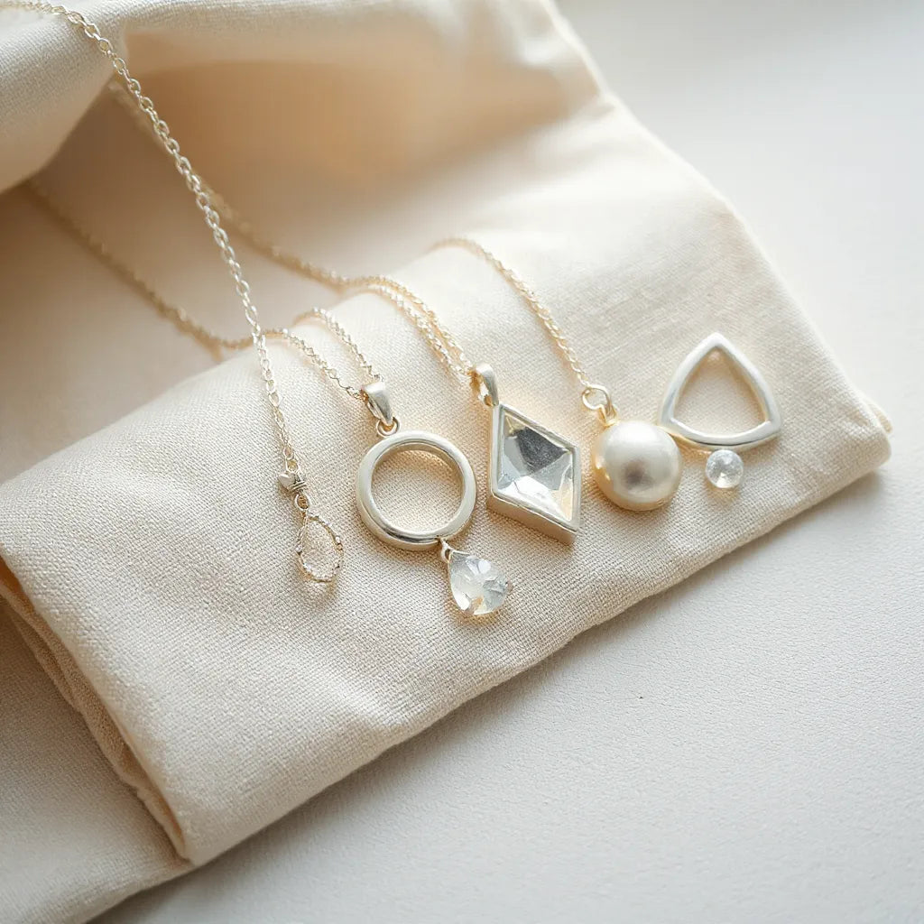 Silver pendants with distinct designs resting on neutral fabric under soft natural light