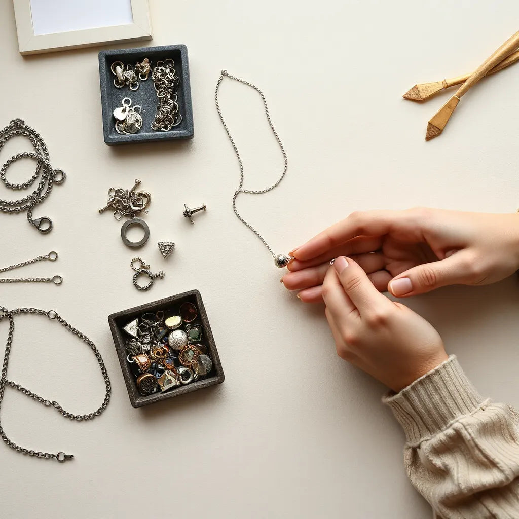 Jeweler’s hands assembling a necklace with interchangeable chains and gemstone charms on a clean workbench