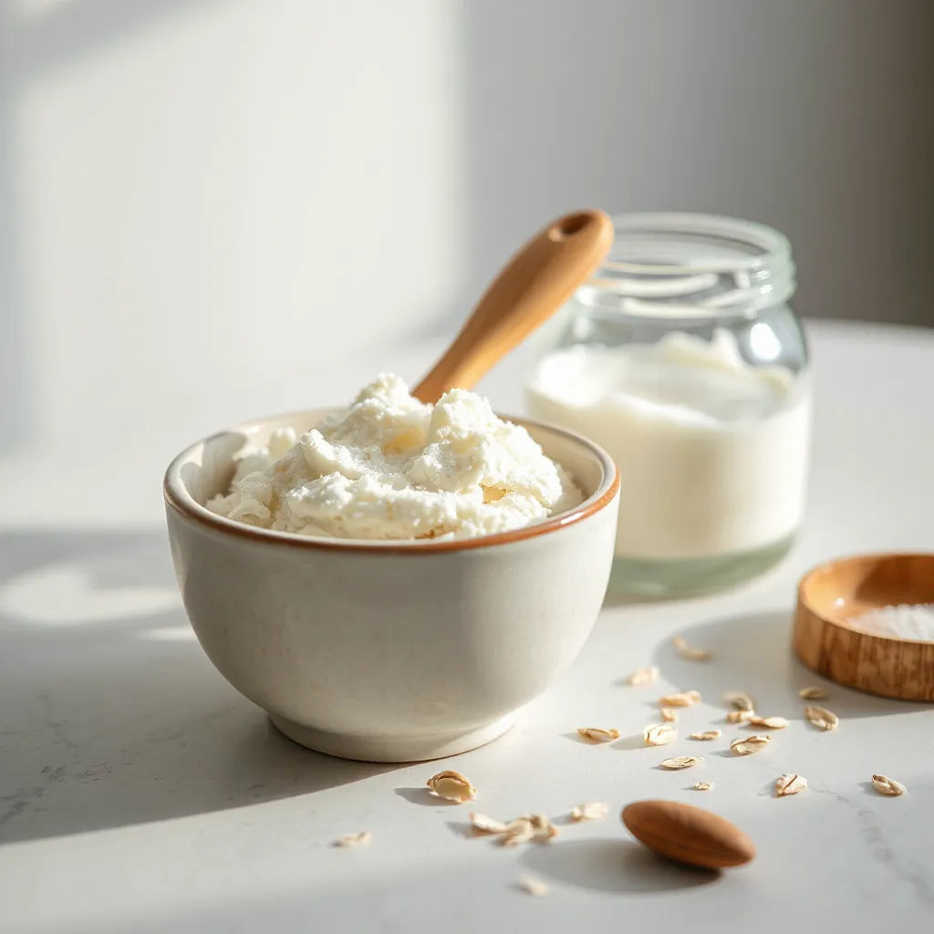 Ceramic bowl of exfoliating facial scrub with a wooden spatula on a clean countertop