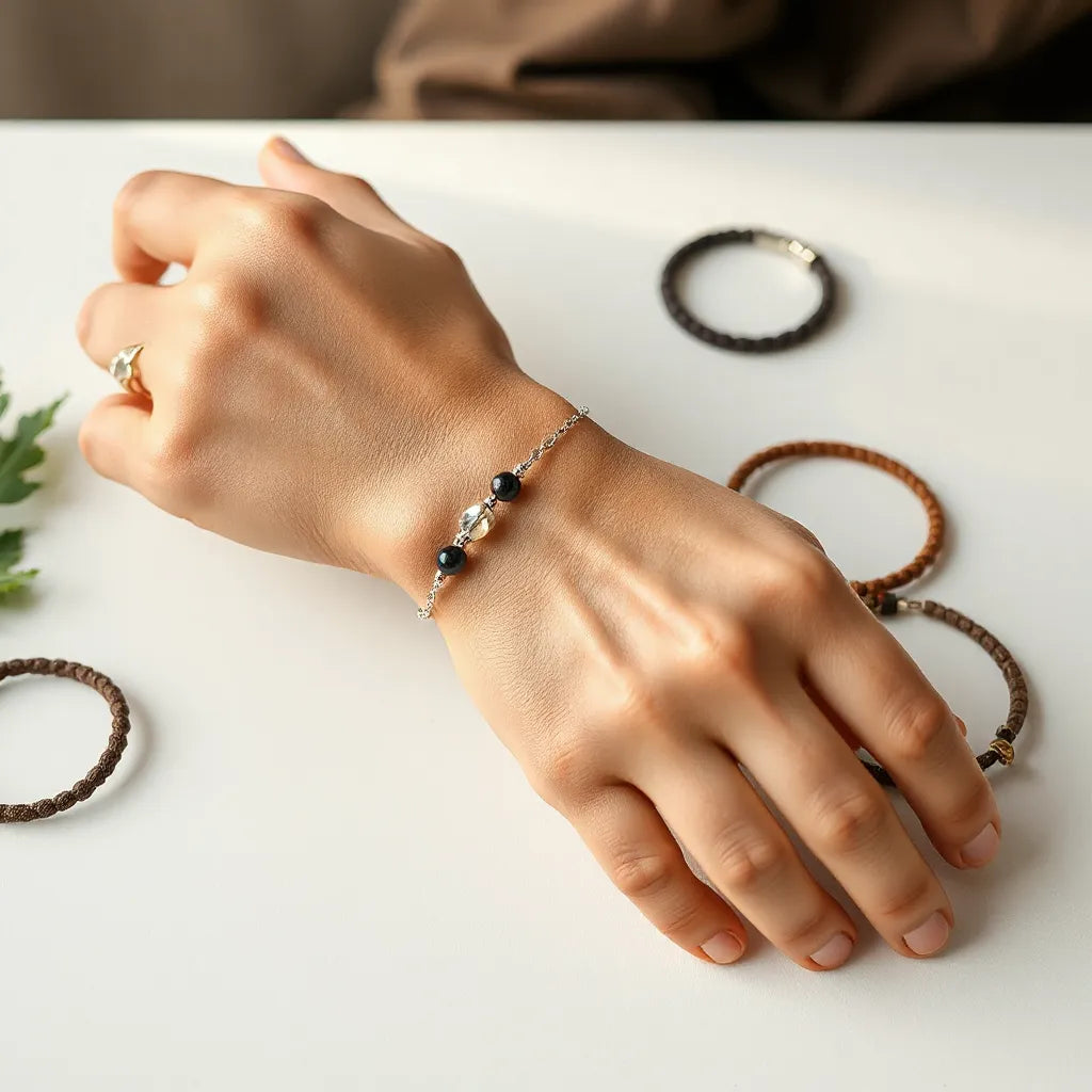 Unisex bracelet on a wrist with a few coordinating bracelets in soft natural light