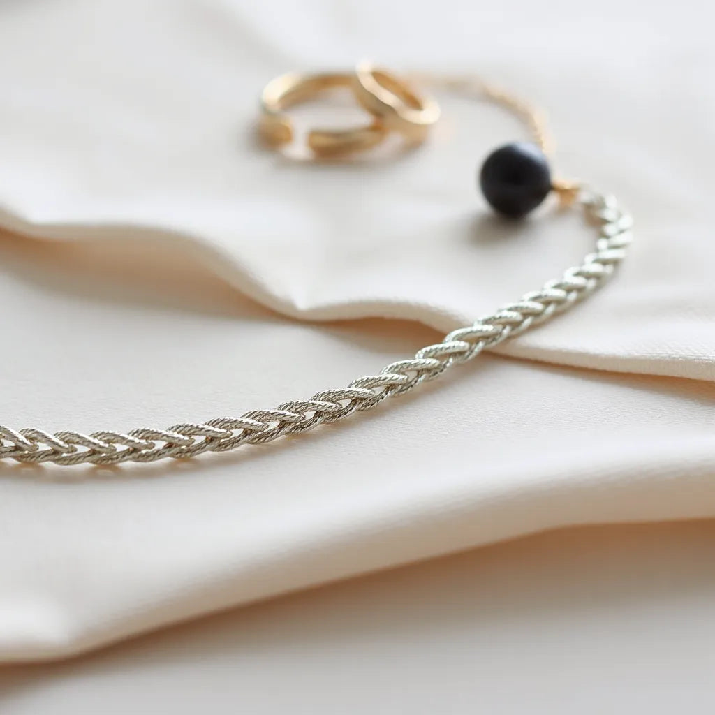 Polished silver rope chain with detailed braided links under soft light