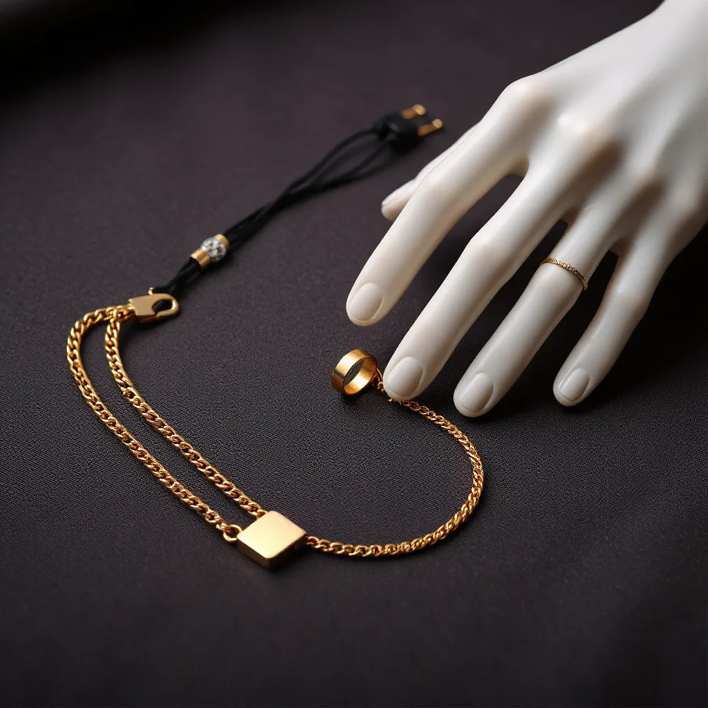 Gold-toned chain, bracelet, and signet ring arranged on dark fabric with soft studio lighting