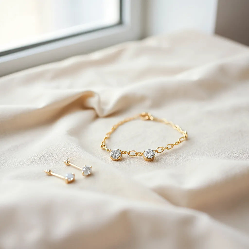 Delicate gold-tone pendant necklace, stud earrings, and bracelet arranged on neutral fabric