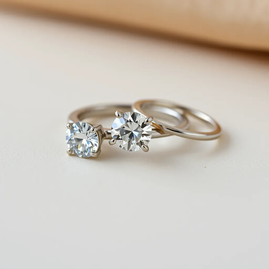 Moissanite rings with a solitaire prong setting displayed on a neutral background