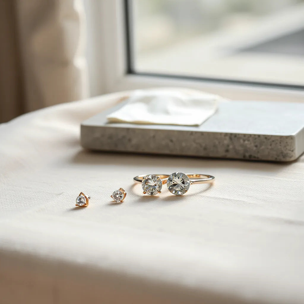 Faceted moissanite ring and earrings on neutral fabric with soft natural light