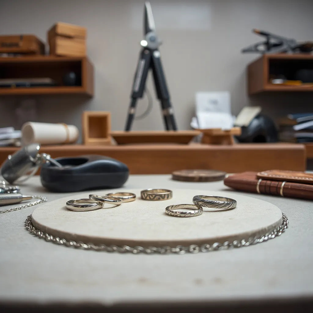 Silver rings and pendant on a jeweler’s workbench with a chain, showing fine custom detailing
