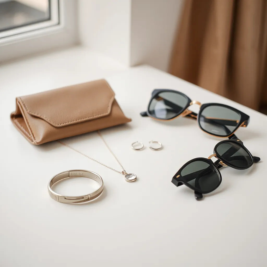 Sleek luxury accessories and a watch arranged on a minimal table in soft natural light