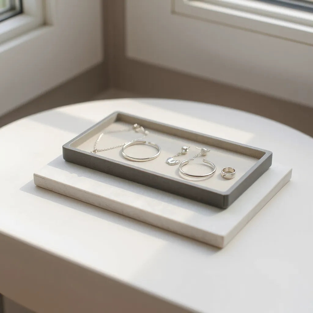 Assorted silver necklace, earrings, bracelet, and ring arranged on a minimalist tray in soft light