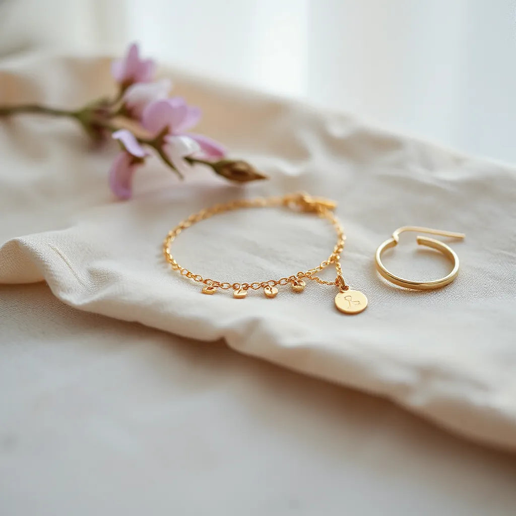 Delicate handmade Italian jewelry including a pendant necklace, bracelet, and earrings on neutral linen