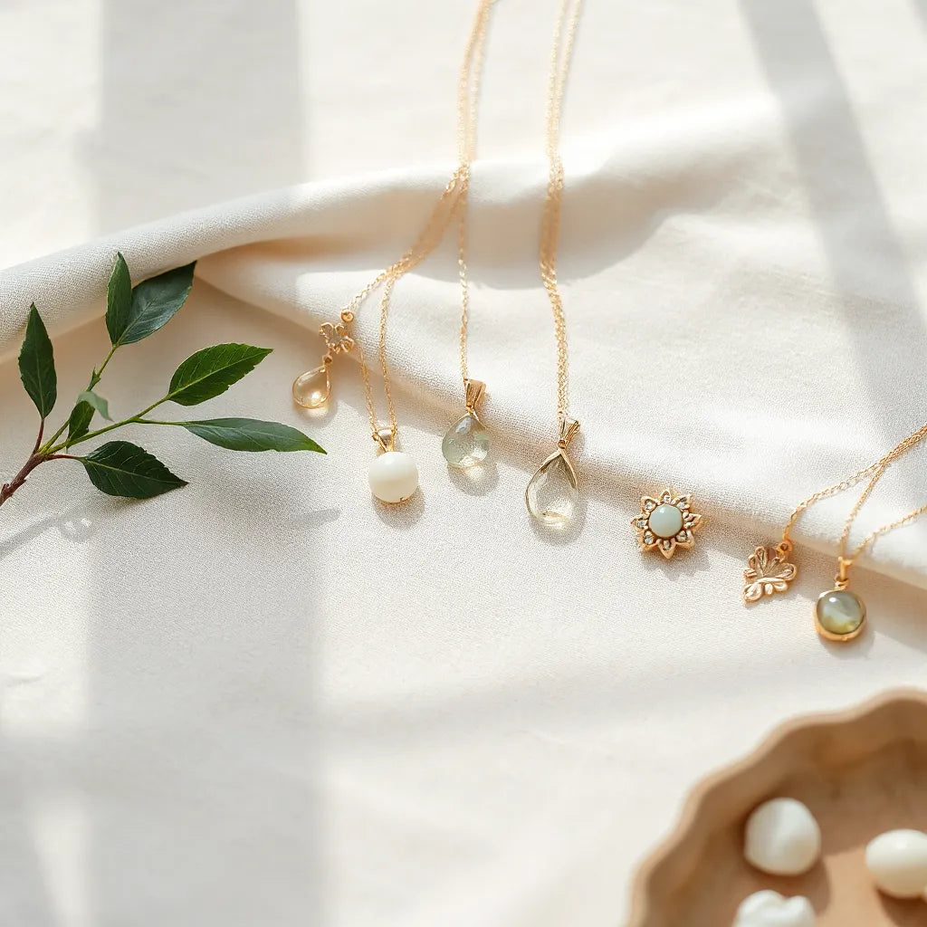 Assorted elegant pendants with delicate chains displayed on a light fabric under soft natural light