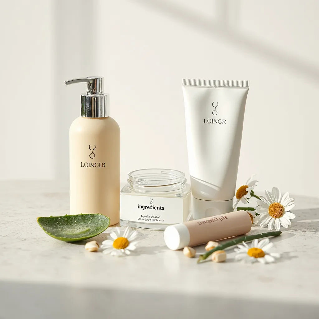 Skincare and personal care products with natural ingredients on a clean tabletop