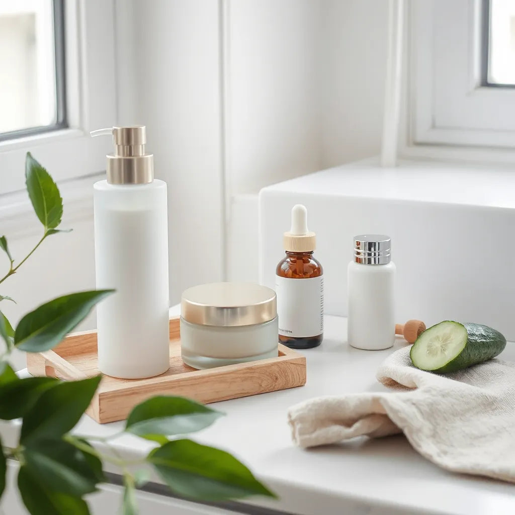 Minimalist skincare products with neutral packaging and fresh green leaves on a vanity counter