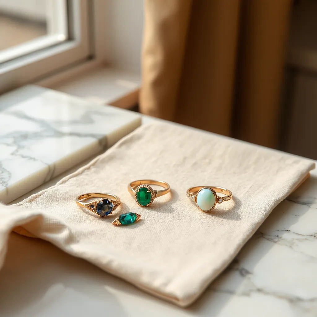 Handcrafted rings with gemstones and intricate metal details on neutral fabric under warm natural light