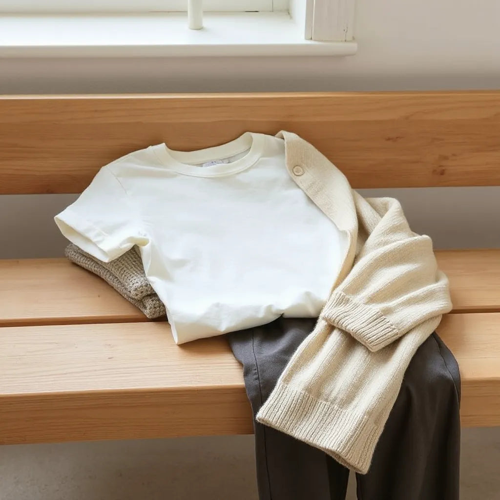 Folded organic cotton tops and pants in neutral tones under soft natural light