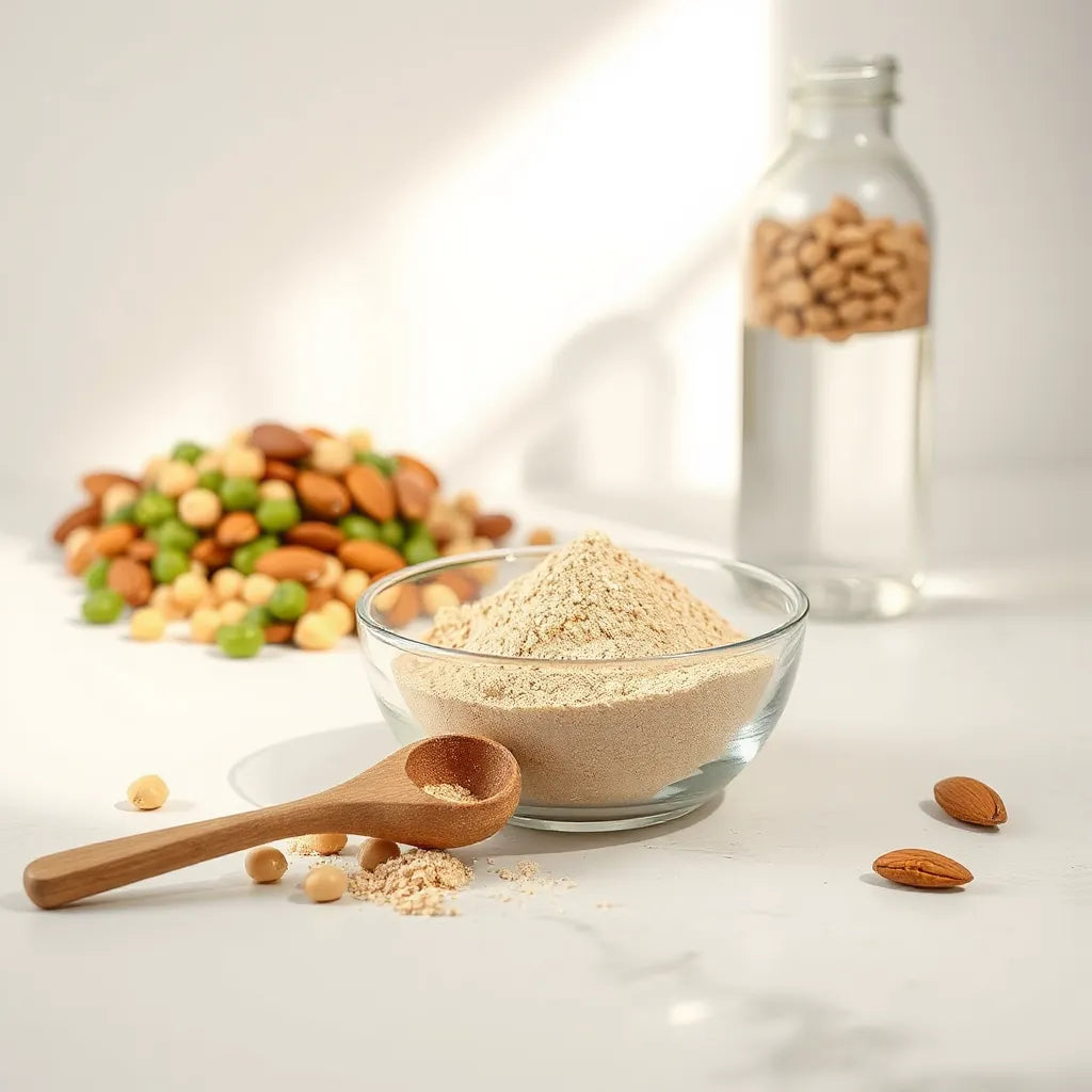 Wooden scoop and glass bowl of plant-based protein powder with legumes and a shaker bottle on a countertop