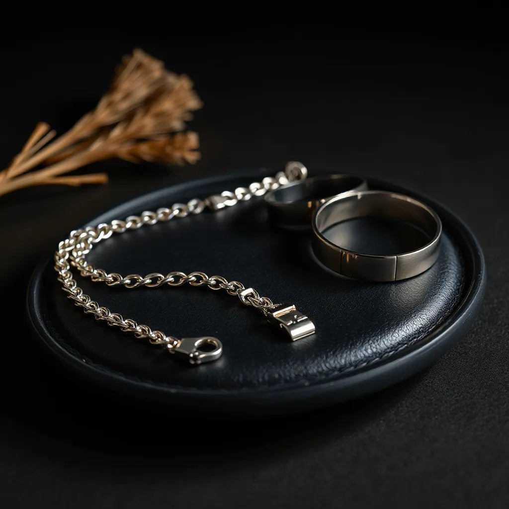 Silver chain necklace, bracelet, and ring arranged on a dark leather tray under warm studio light