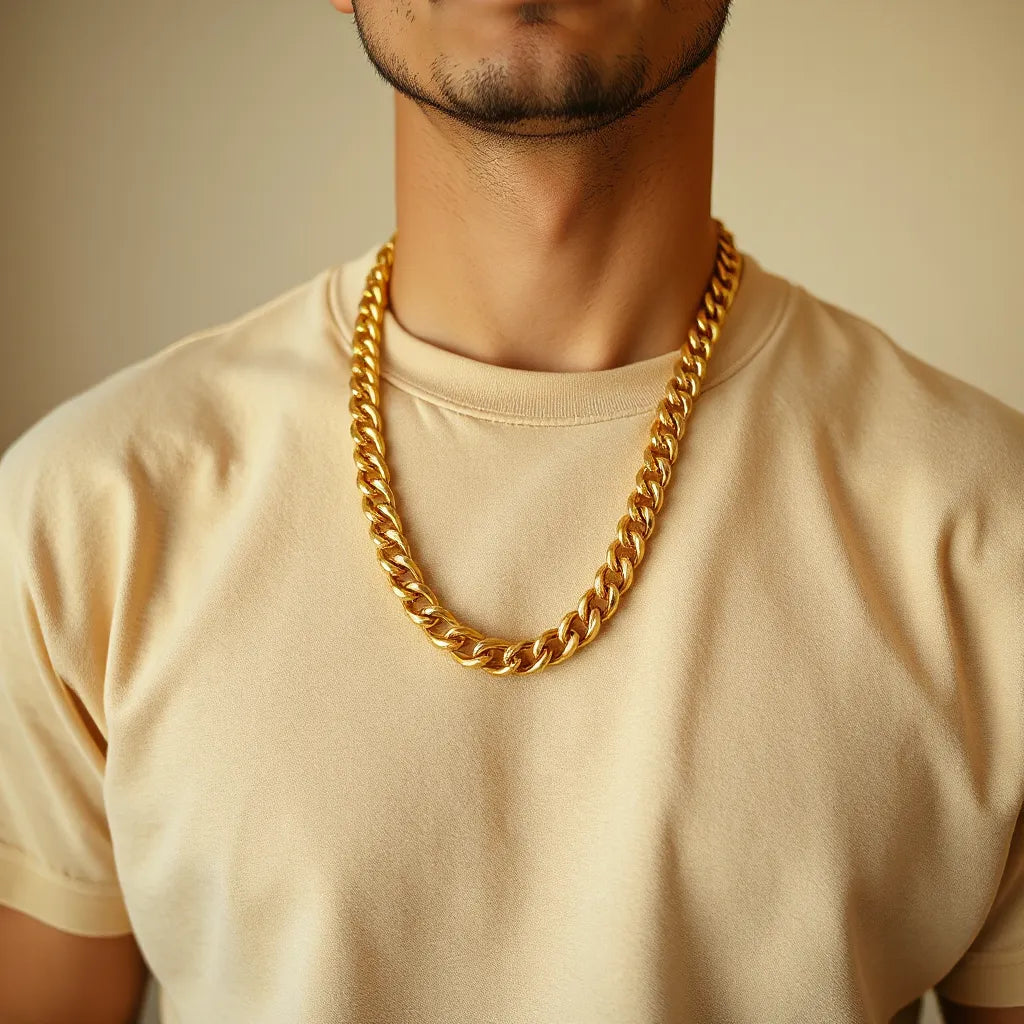 Gold Cuban link necklace resting on a plain crew-neck shirt with warm, neutral indoor lighting