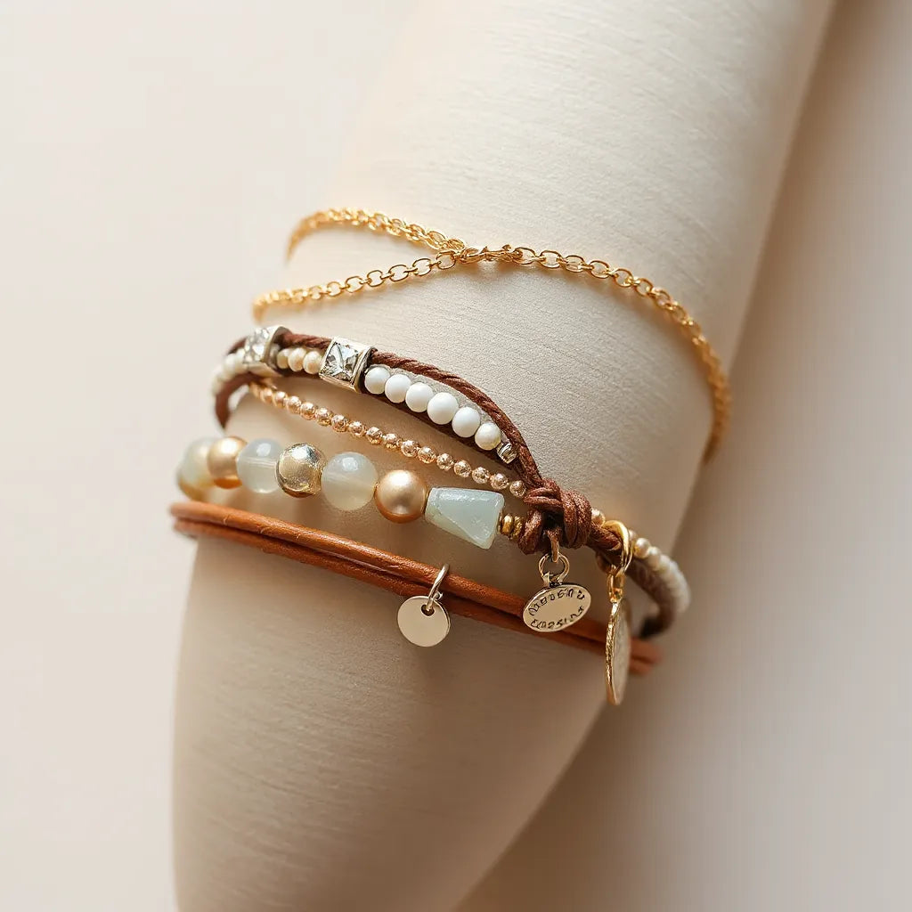Layered bracelets with different lengths and textures on a wrist in soft natural light