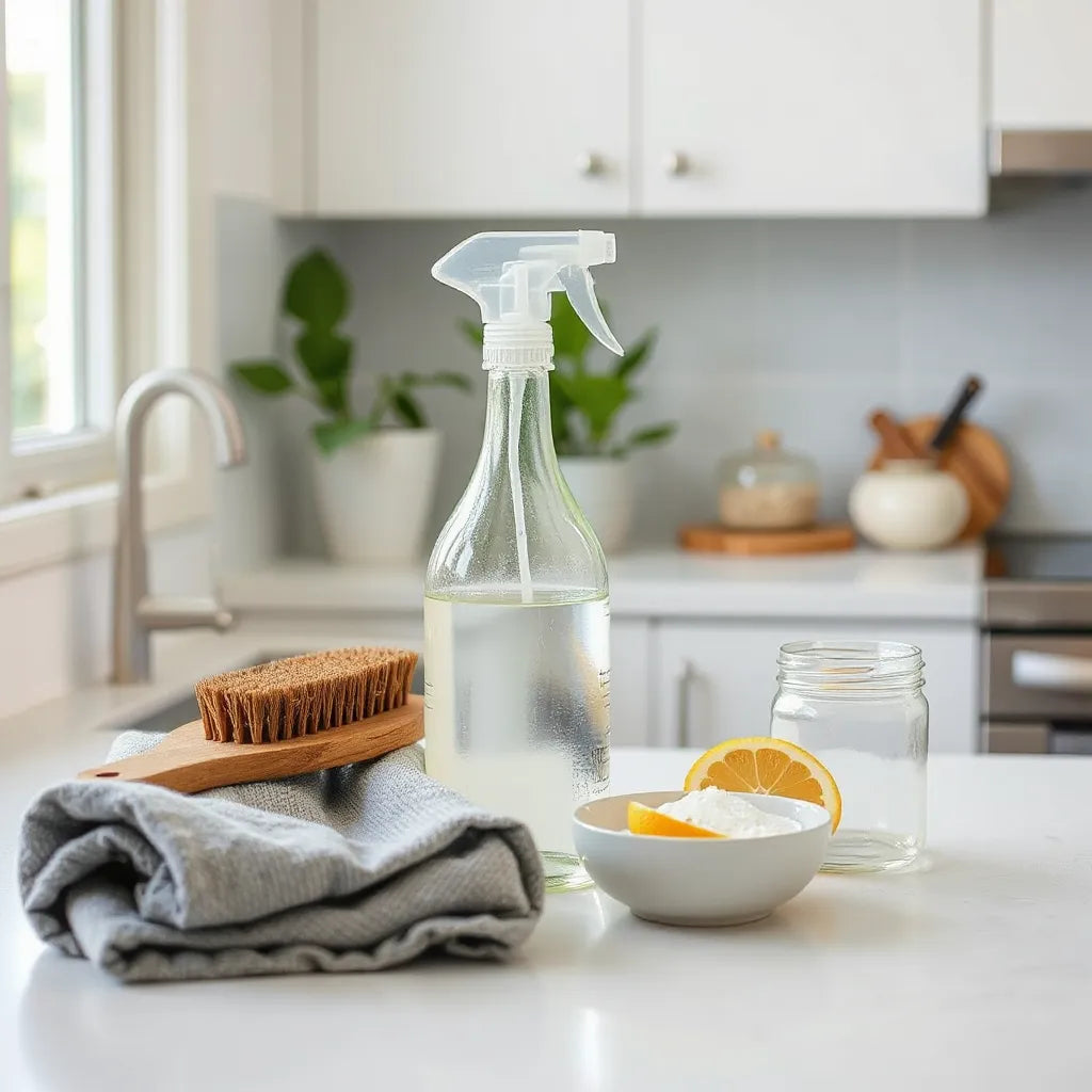 Eco-friendly cleaning essentials on a bright kitchen counter with spray bottle and microfiber cloth