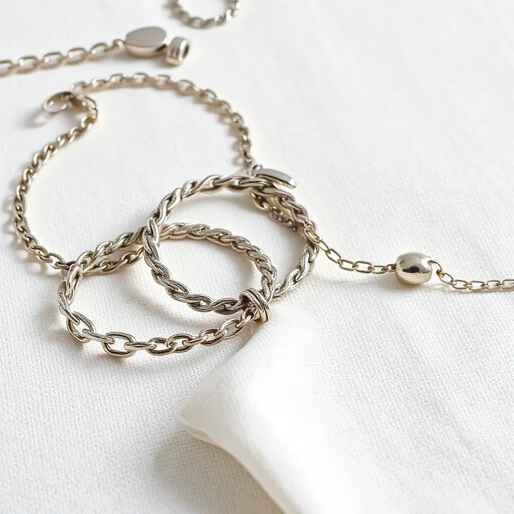 Polished Italian sterling silver bracelets with varied chain styles on light neutral fabric