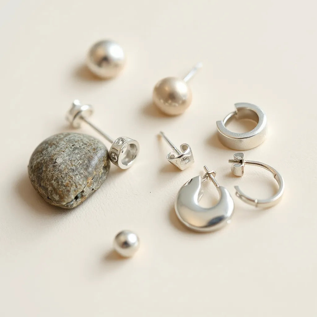 Assorted silver stud and hoop earrings with polished shine on a light neutral background