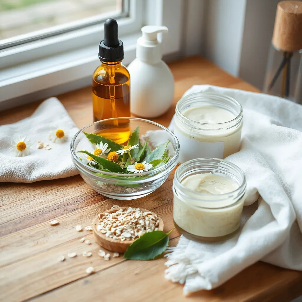 Botanical skincare ingredients on a wooden surface with a dropper bottle and cream jar under natural light