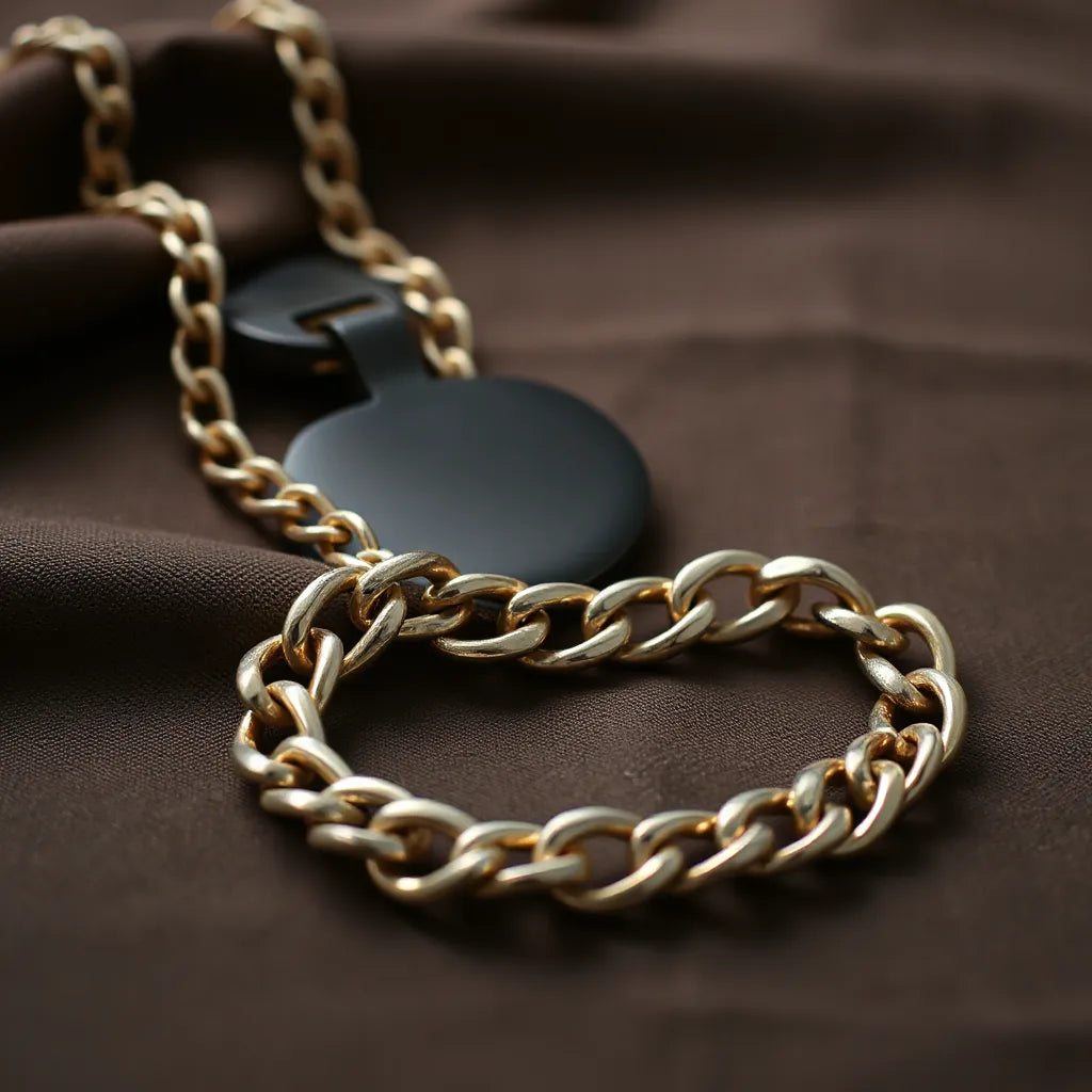 Shiny Cuban link necklace chain styled on dark fabric with a subtle streetwear look