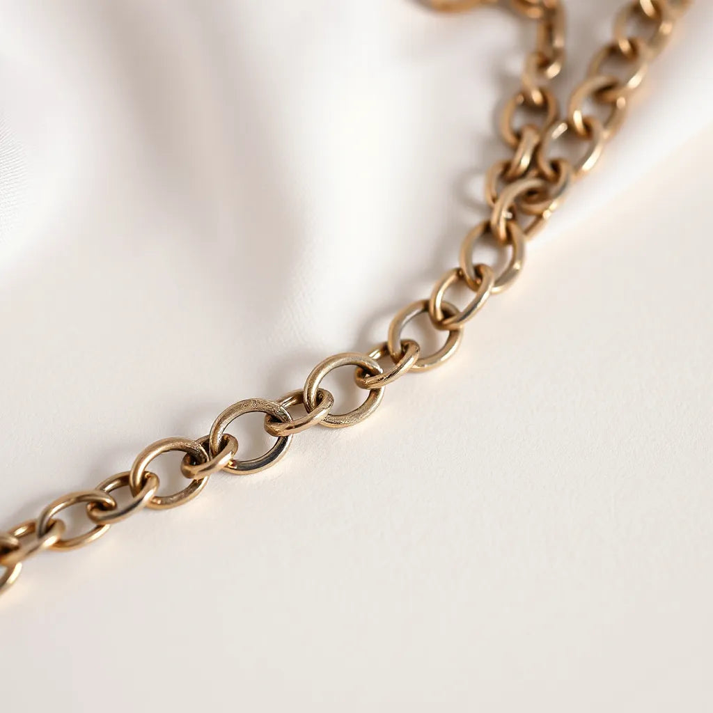 Interlocking figaro chain links arranged neatly on a light neutral background