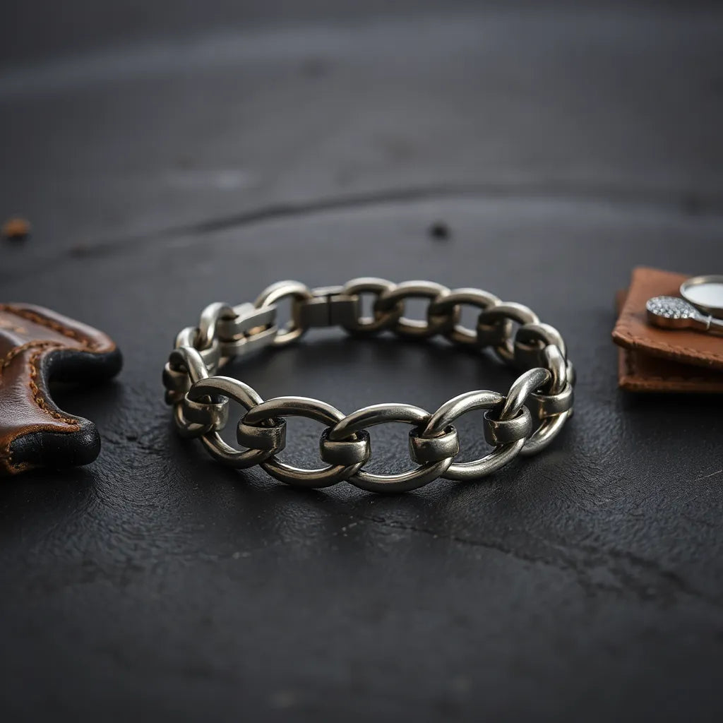 Sturdy metallic heavy duty bracelet with thick chain links on a dark textured background