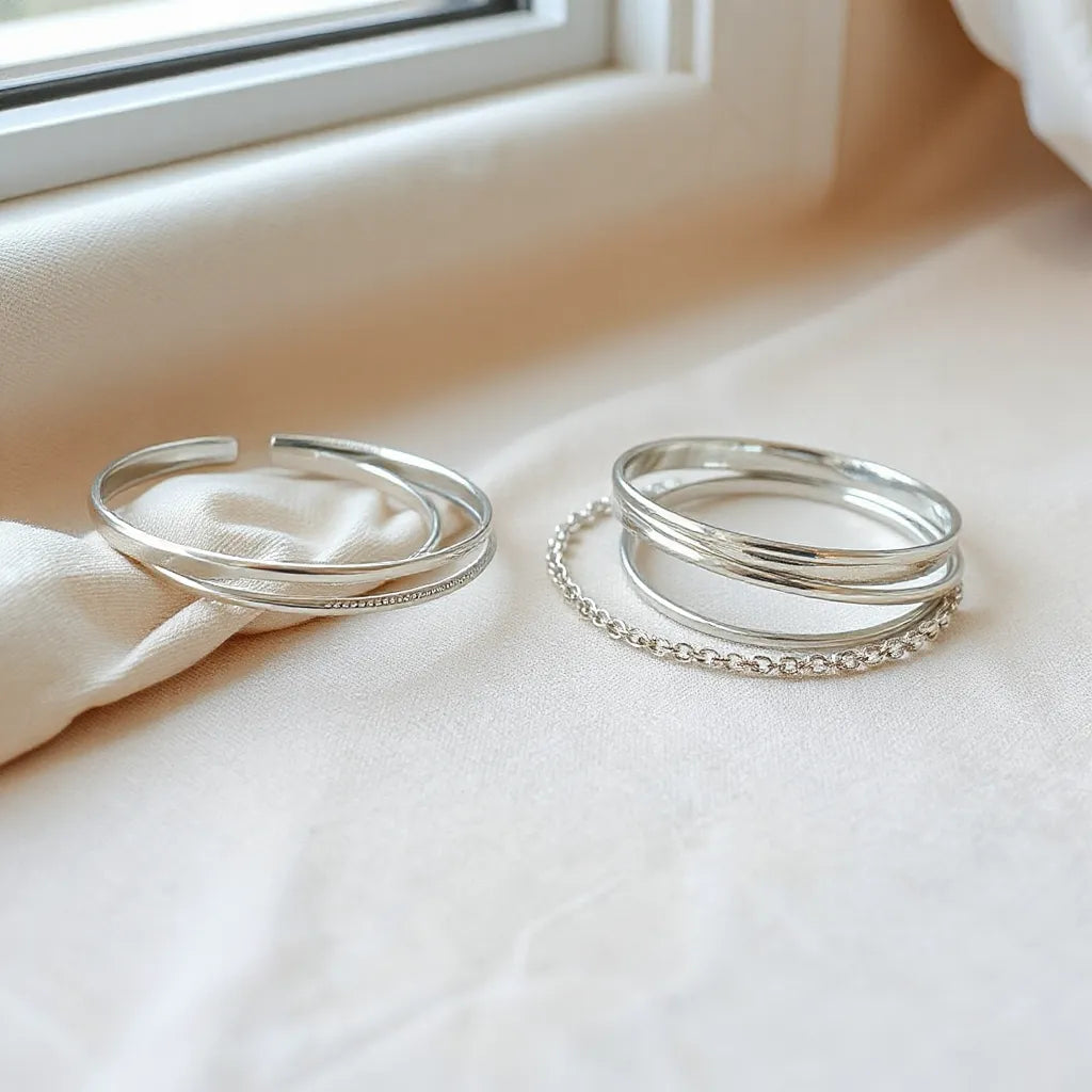 Silver bracelets in different styles arranged neatly with soft natural light and subtle metal shine