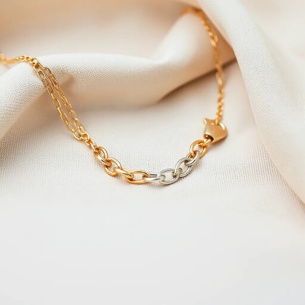 Tri-color metal chain necklace with gold, silver, and rose-gold links on neutral fabric