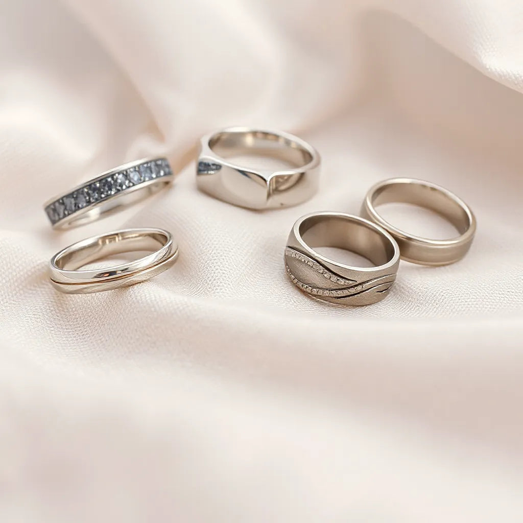 Assorted silver rings on neutral fabric with detailed metal shine and soft studio lighting