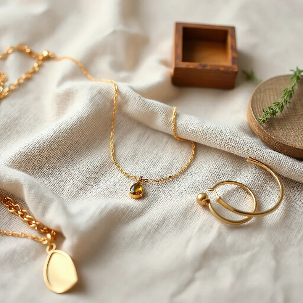 Minimalist necklace, bracelet, and earrings on linen with soft natural light suggesting careful sourcing