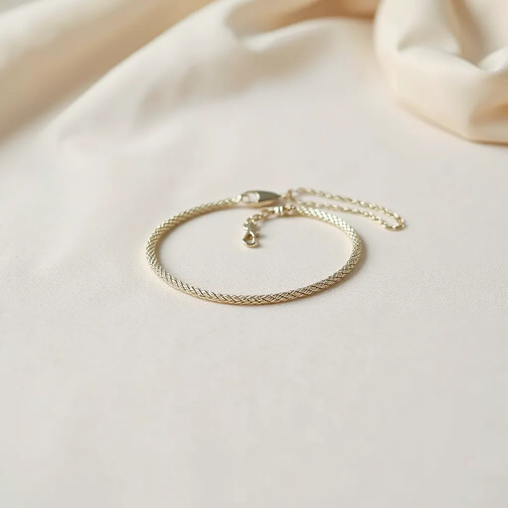 Polished rope chain necklace on neutral fabric with soft studio lighting and subtle layering.