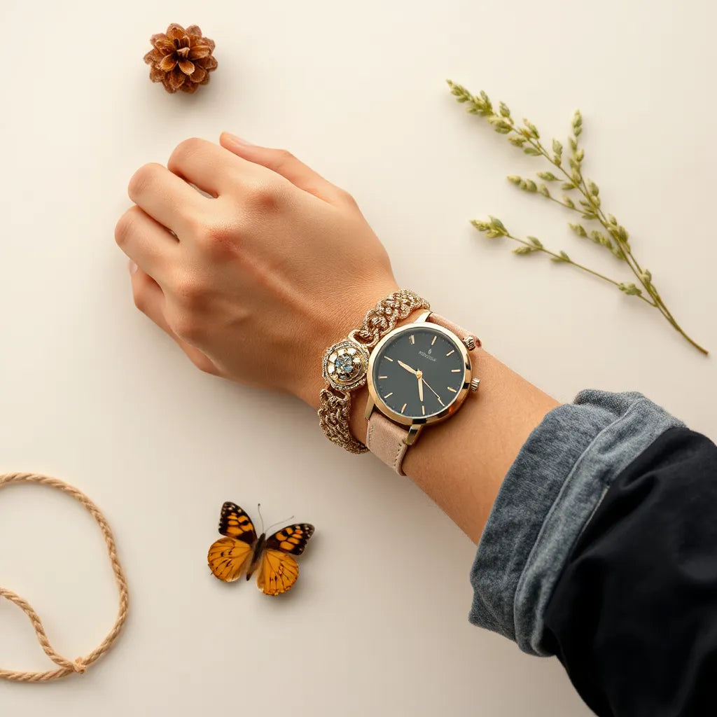 Wrist stacked with bold bracelets and a statement watch against a clean neutral background