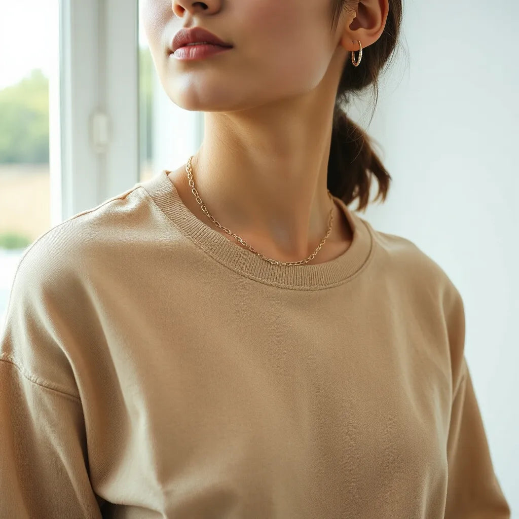 Dainty layered chain necklaces resting on a neutral crew-neck shirt in soft natural light