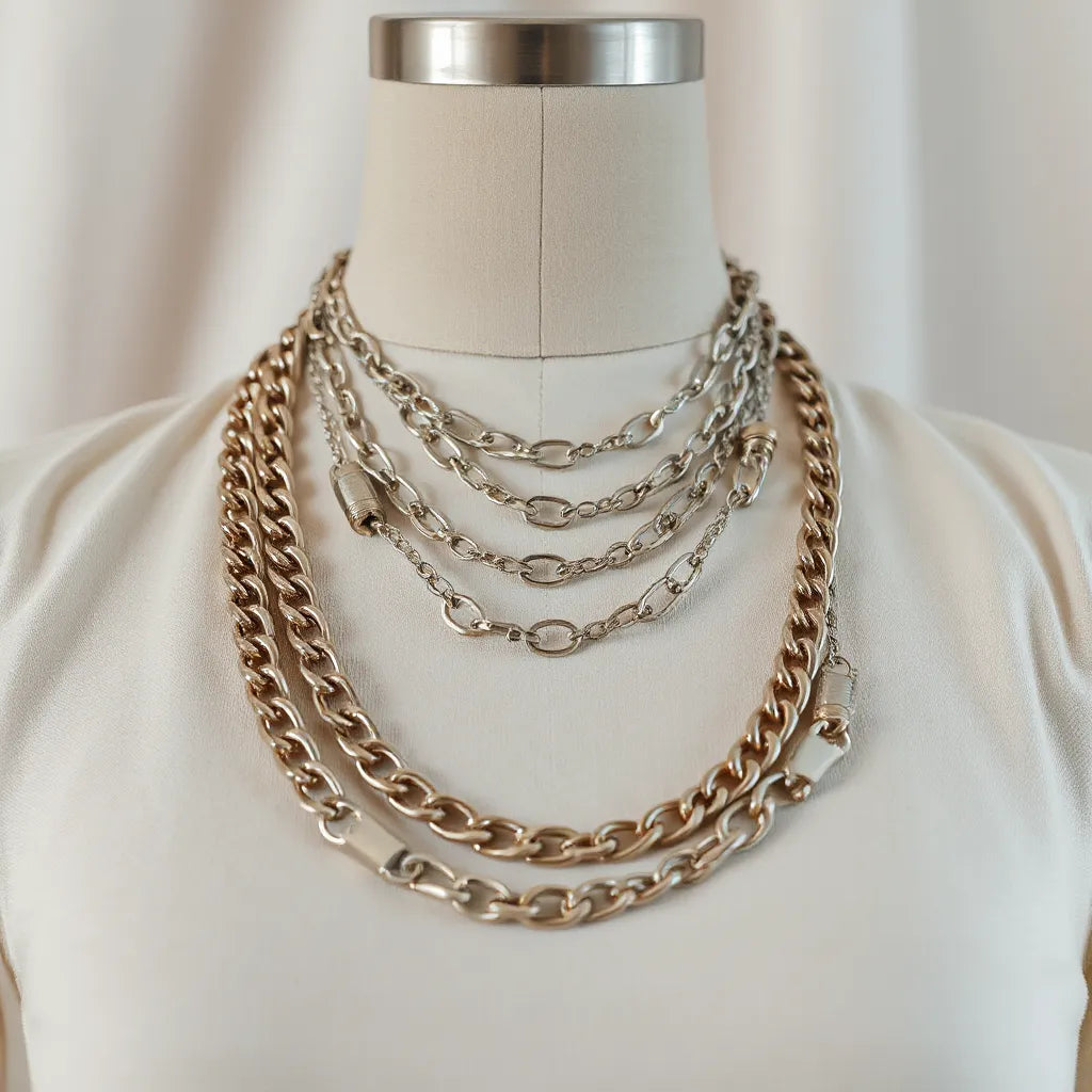 Layered heavy silver chains with prominent links arranged neatly against a neutral background