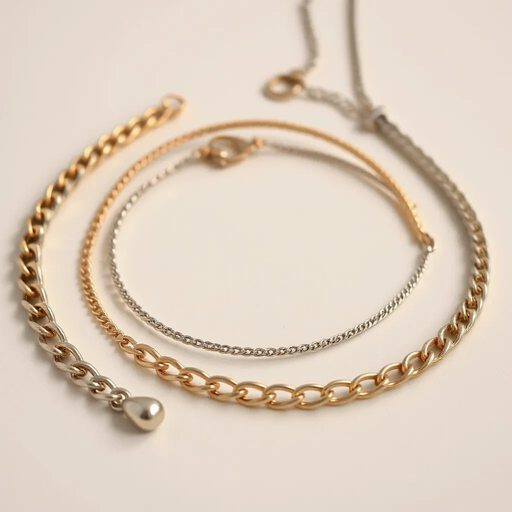 Modern chain necklaces and bracelets in diverse styles on a neutral background