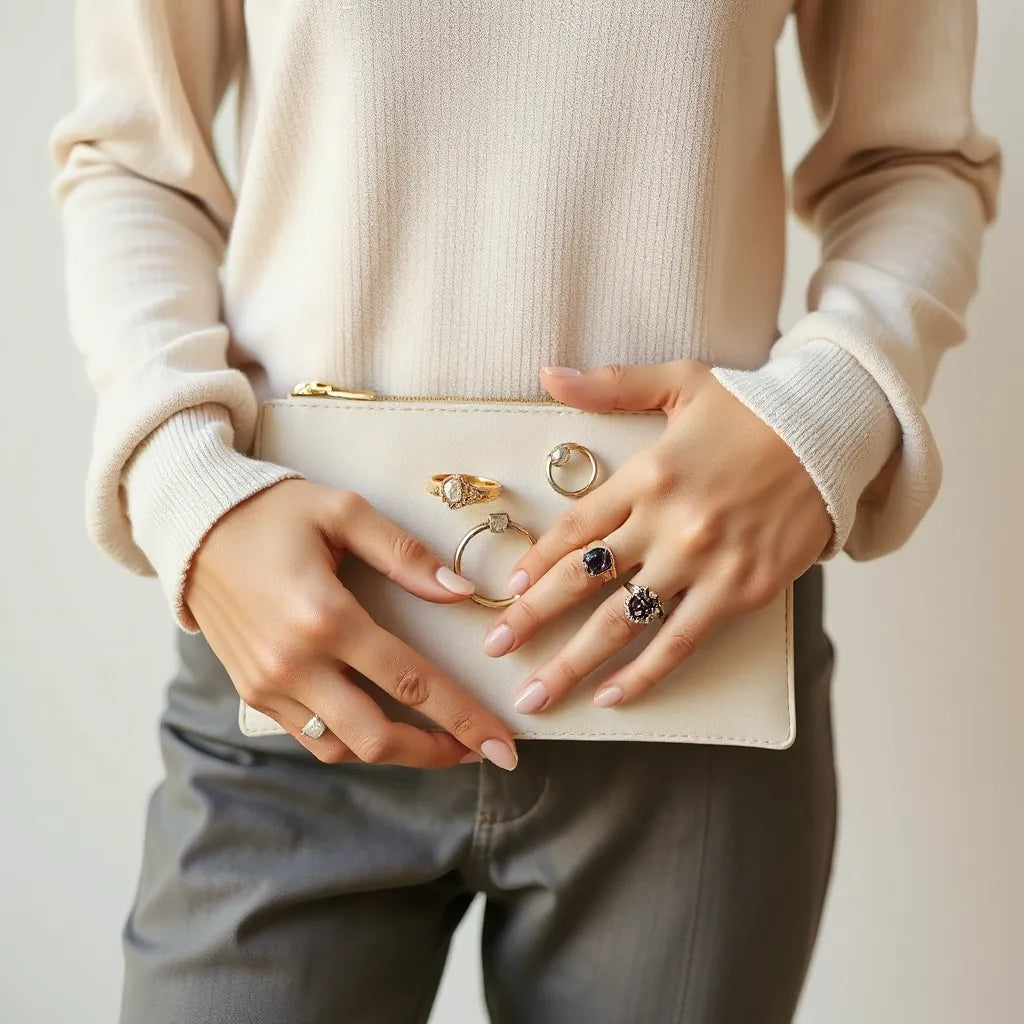 Modern rings on a hand with mixed-metal shine in soft natural light