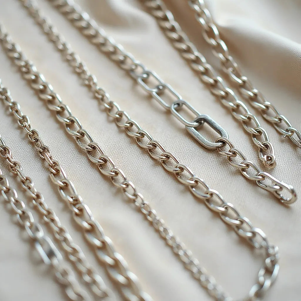 Assorted polished silver chains displayed on neutral fabric with clear link detail and shine