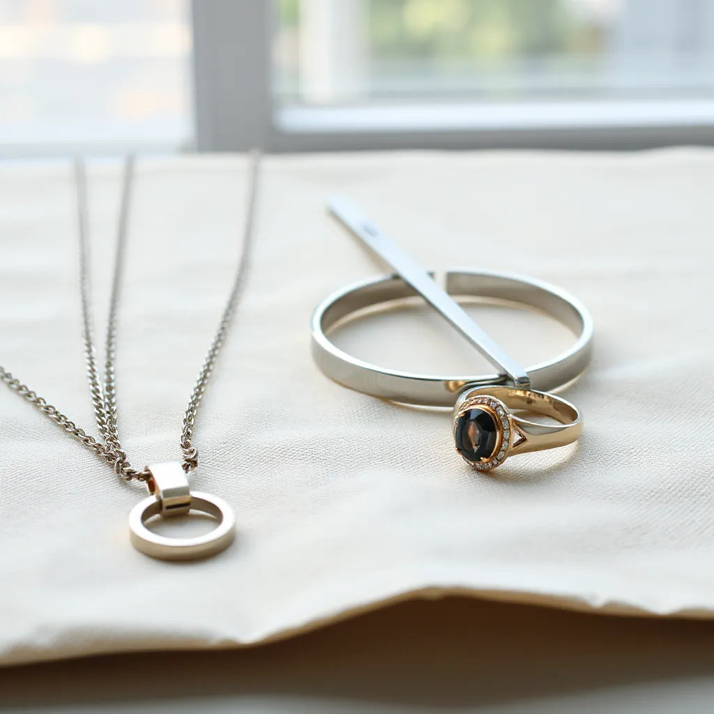 Polished men’s and women’s jewelry—necklaces, bracelet, and ring—arranged on neutral linen