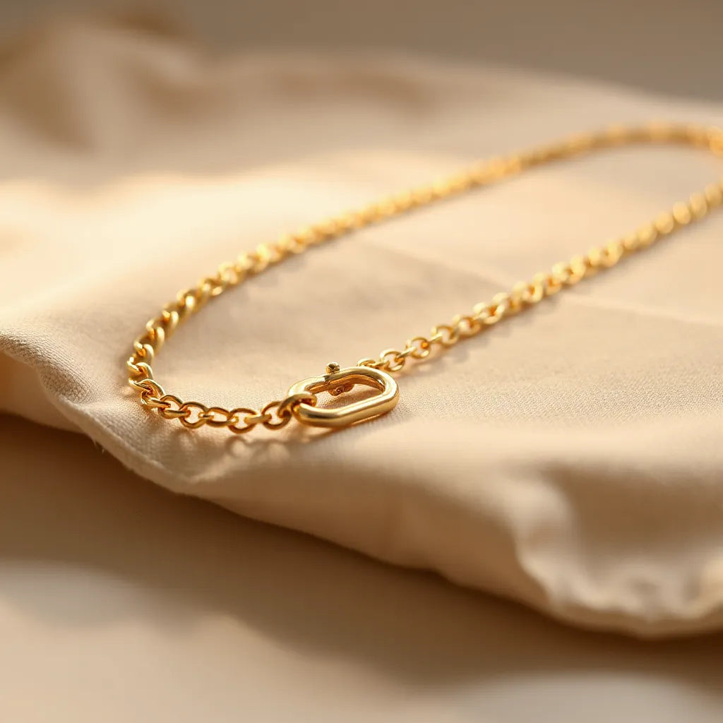 Warmly lit 14k gold vermeil chain on neutral fabric, highlighting link texture and clasp detail