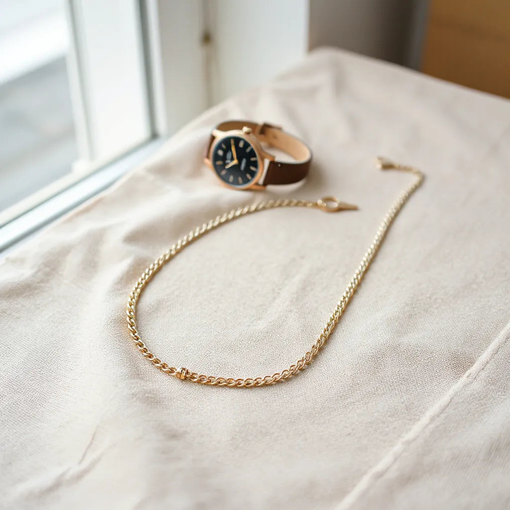 Elegant necklace chain styled with minimal accessories on a neutral fabric background