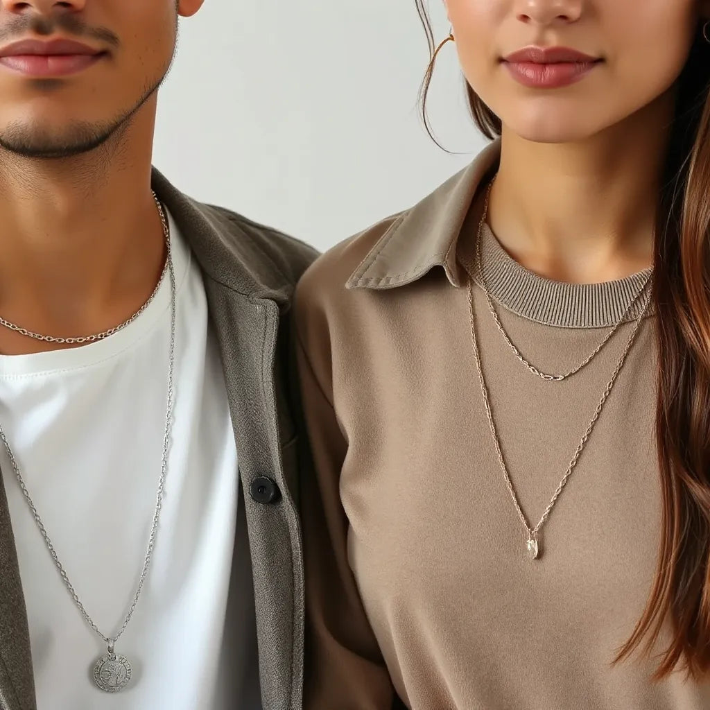 Layered necklaces with different chain lengths styled on men and women in casual outfits