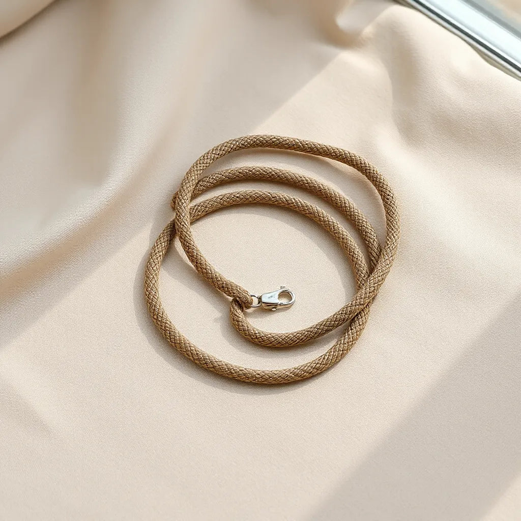Durable braided rope necklace resting on light fabric with clasp detail visible under soft natural light
