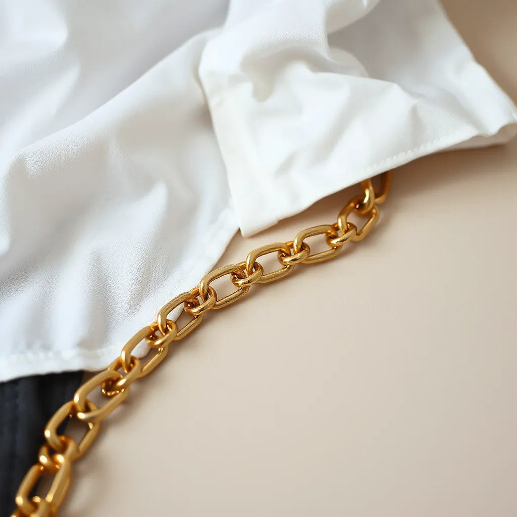 Gold Cuban link chain laid over a neutral fabric background with soft reflections