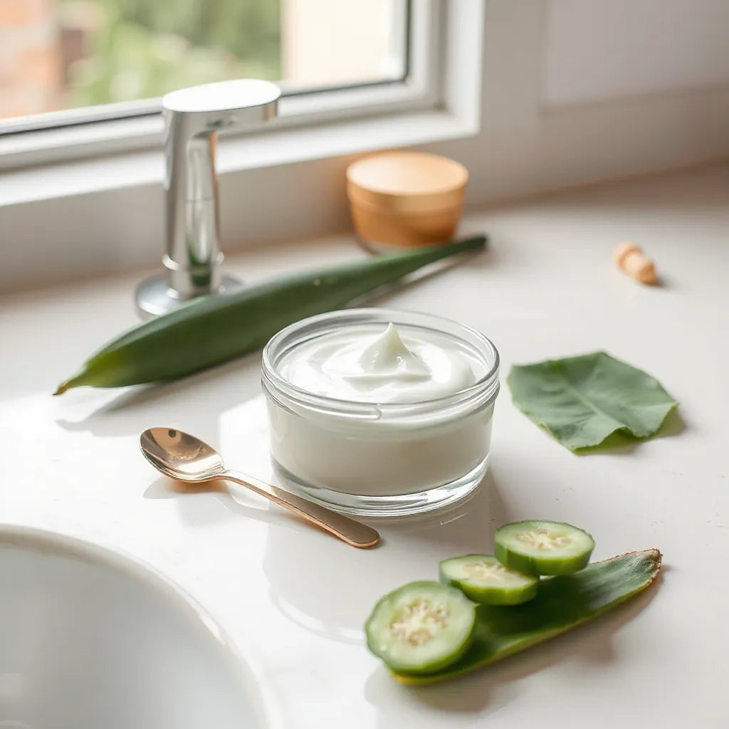 Creamy hydrating face mask in a glass bowl with cucumber and aloe on a clean vanity counter